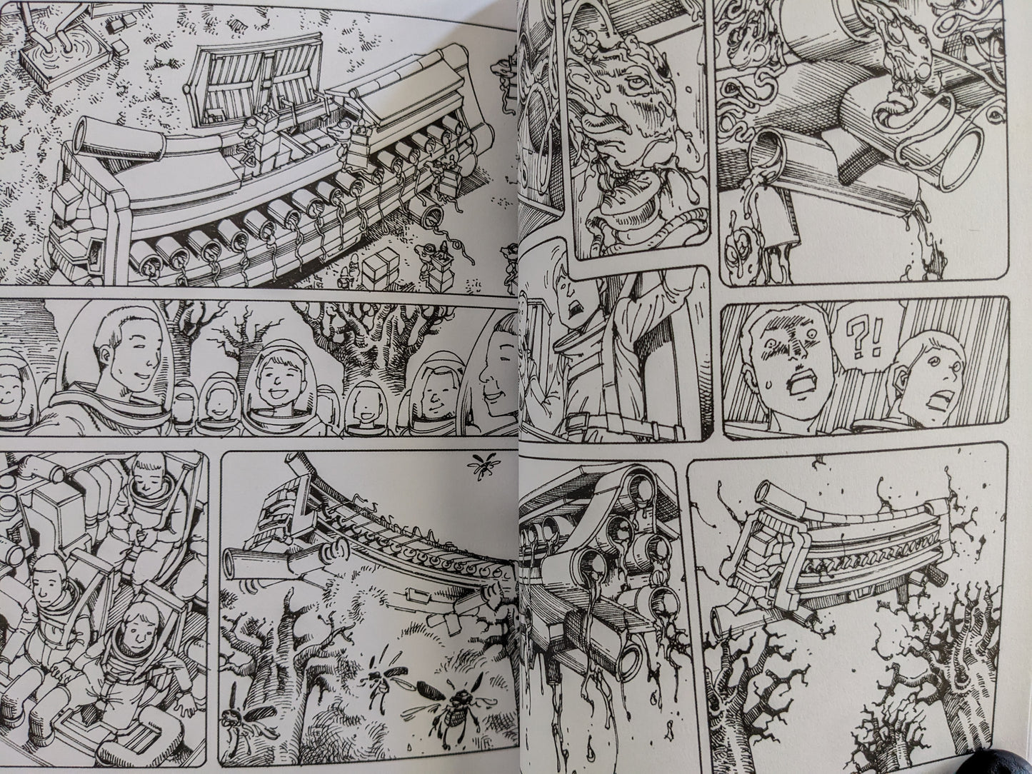 Science fiction comic sequence with astronauts, mechanical constructs, and organic disintegration