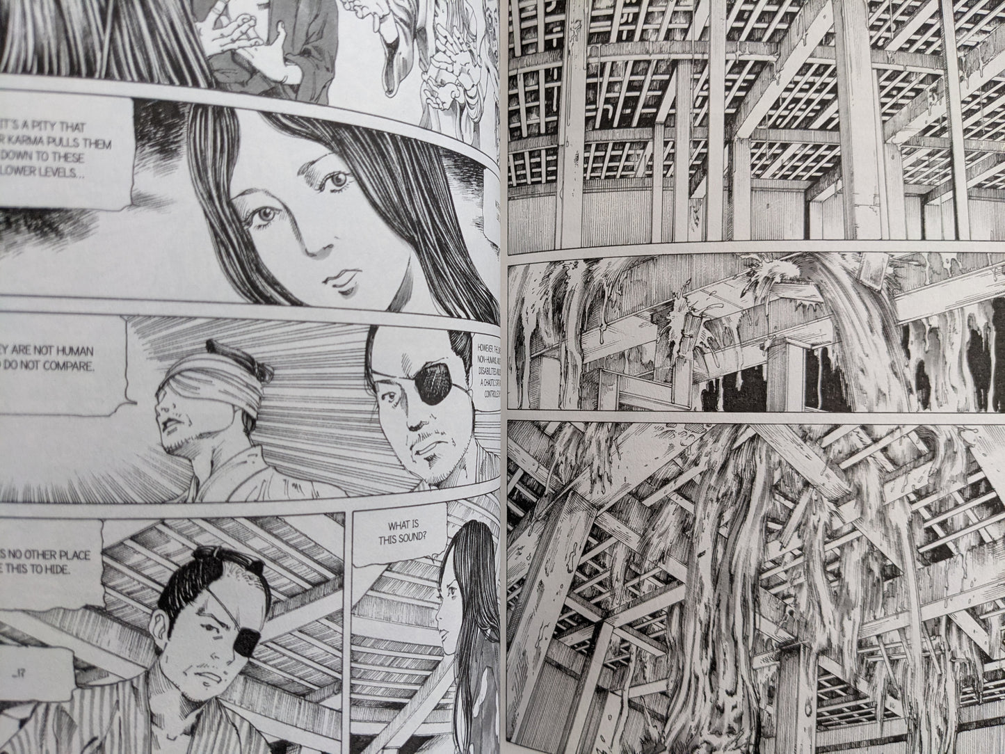 Panel featuring characters in dialogue and strange organic structures – from Shintaro Kago’s manga.