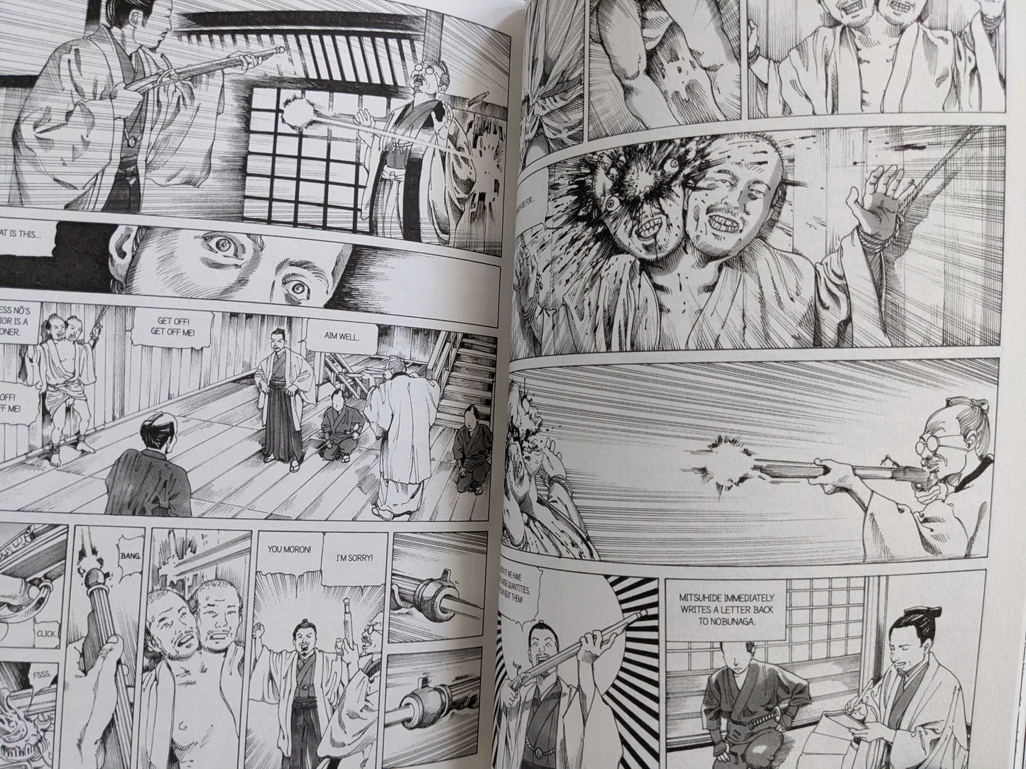 Gunfire and dual-headed figures from Shintaro Kago’s epic manga narrative.