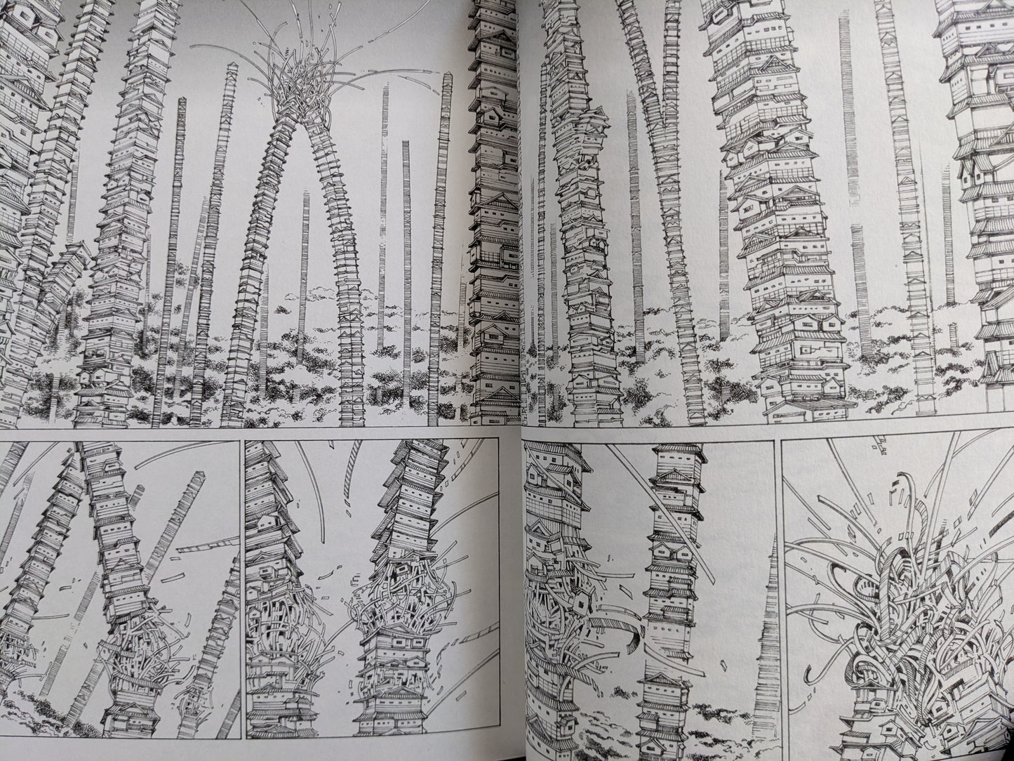 Alien-like castle towers multiplying into the sky – surreal architecture from Shintaro Kago’s manga.