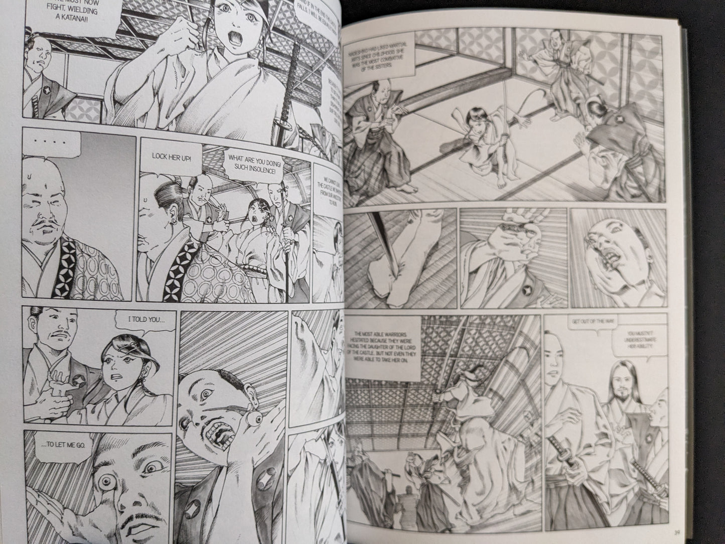 Interior manga page showing a fight scene and samurai confrontation