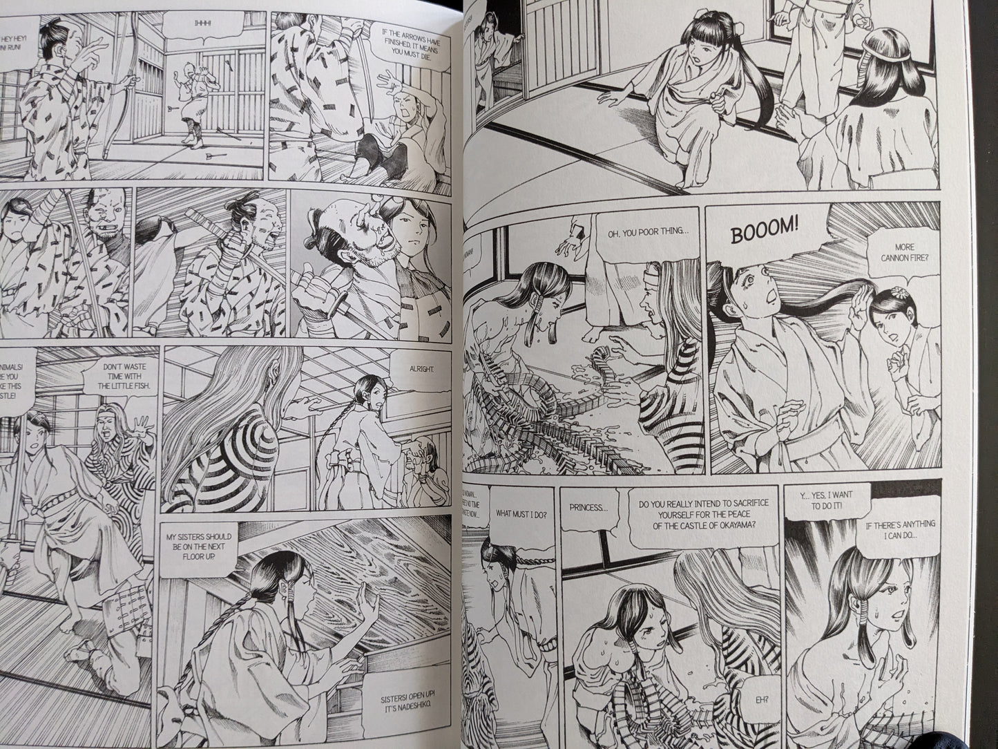 Action-packed manga panel featuring sisters under siege inside the castle
