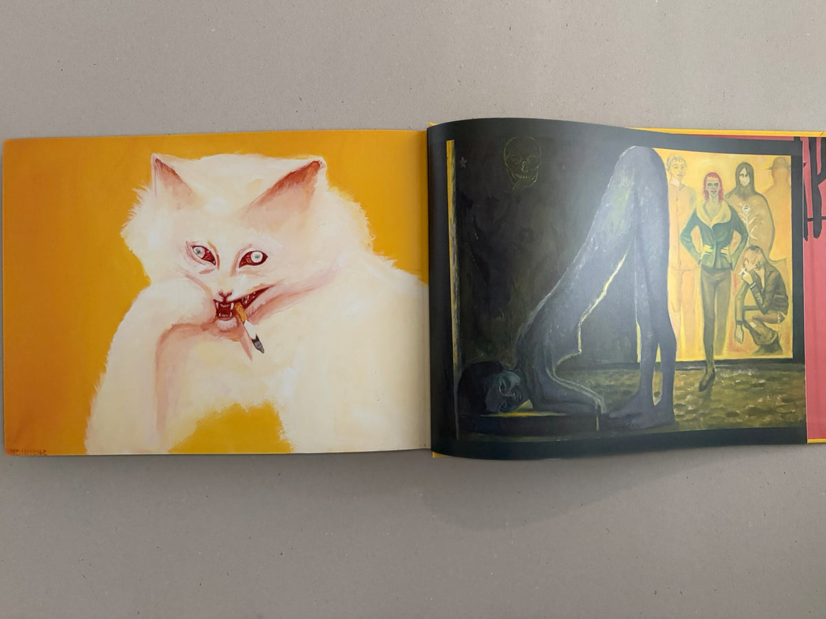 Open spread from SOLUTION issue 5 by Aleksandra Waliszewska, showing a white cat on a yellow page and a dark figurative painting on the facing page.