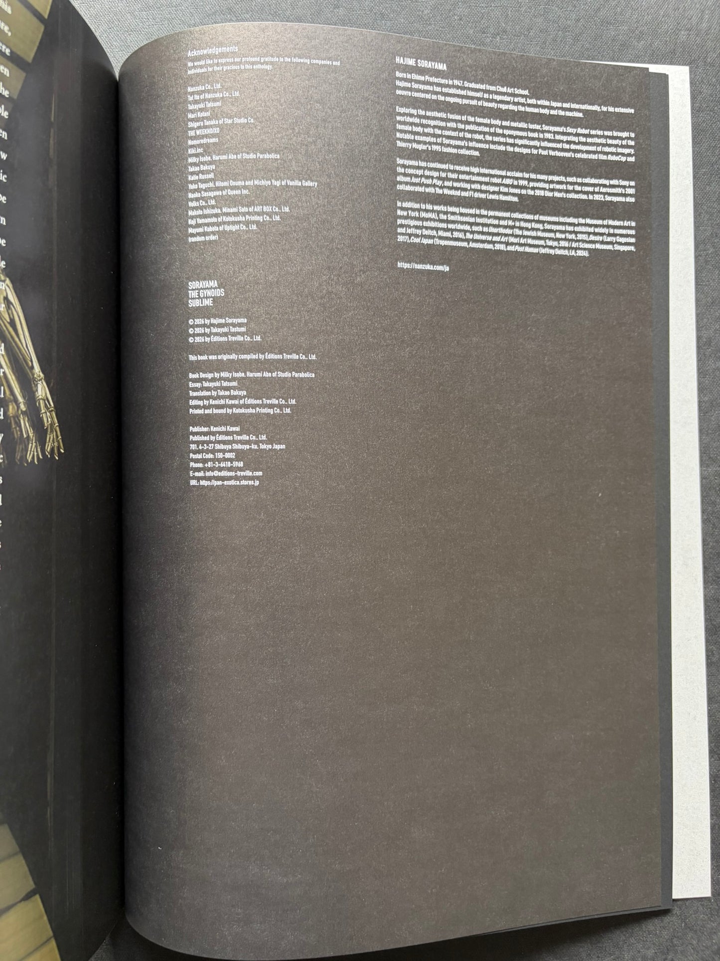 Colophon page of SORAYAMA: THE GYNOIDS SUBLIME with credits and artist biography text.