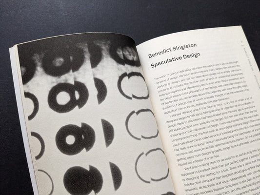 Inner spread featuring Benedict Singleton’s essay on Speculative Design.