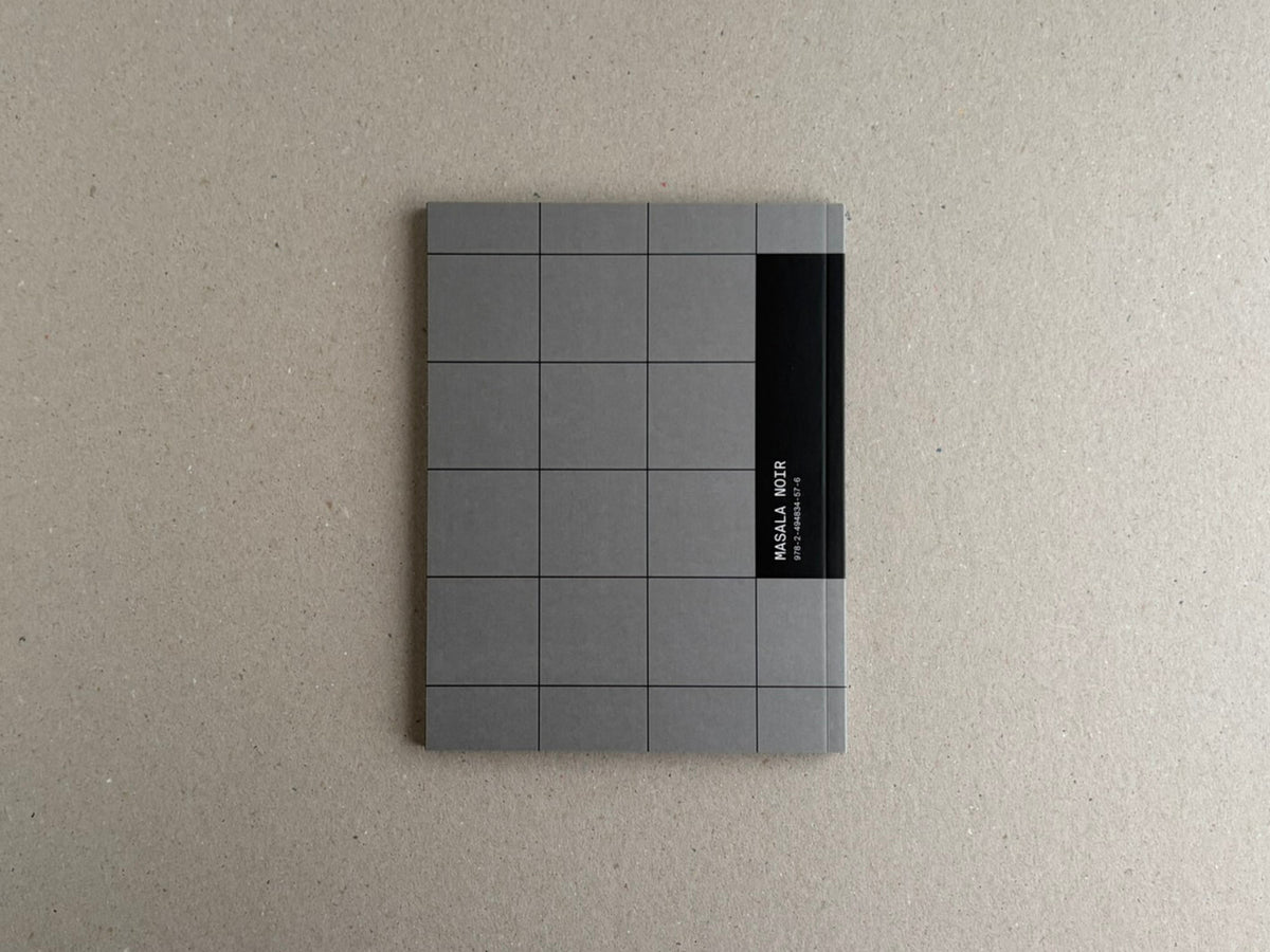 Back cover of Speed Metal Logos (1990–2020), grey softcover with a black vertical band and Masala Noir text.