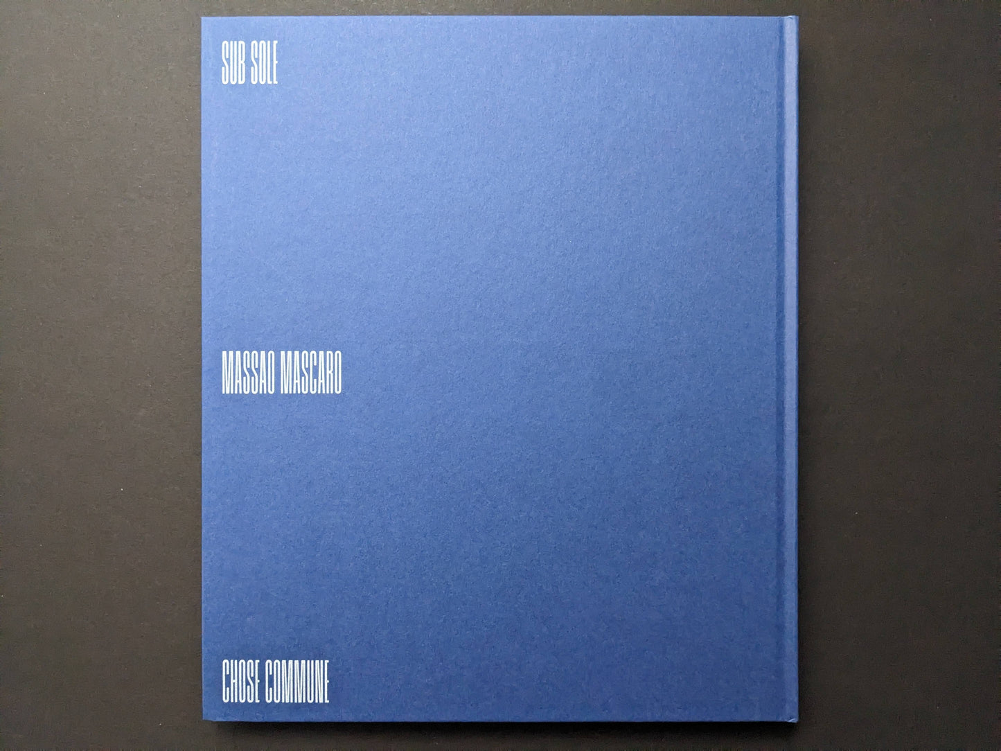 Back cover of Sub Sole by Massao Mascaro, blue cloth hardcover with white title and artist name.