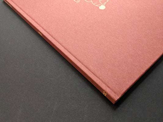 Close-up of the red cloth cover, spine, and small gold title detail.