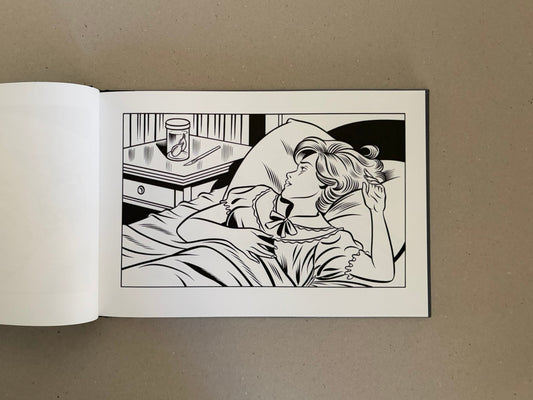 Sweet Dreams by Charles Burns, an open black-and-white page showing a woman reclining in bed in a comic-style illustration.