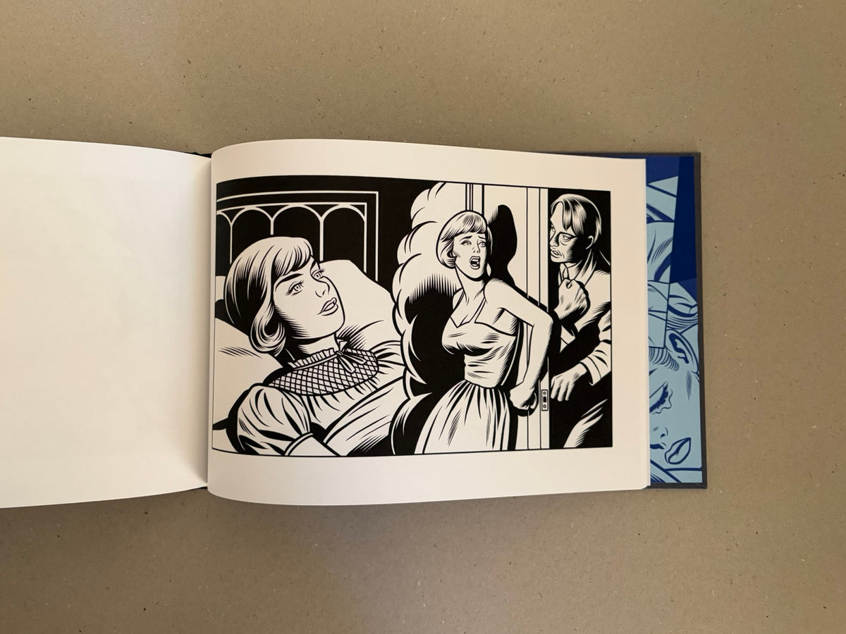 Sweet Dreams by Charles Burns, open to a black-and-white interior illustration showing a woman in bed, a standing woman, and a man at a doorway.