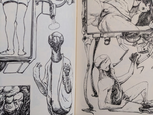 Interior spread from Terrotic showing grotesque figures and a lab-coated character in black-and-white line work.