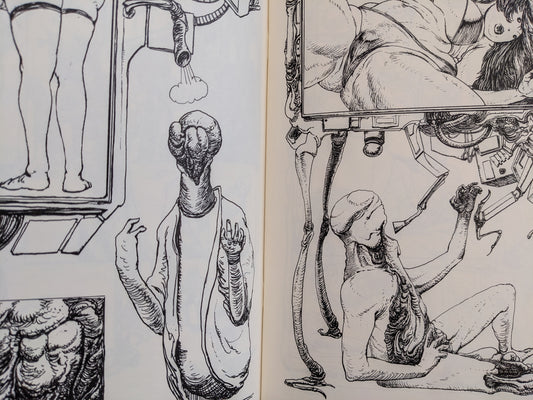 Page from Terrotic – grotesque humanoid with lab coat and seated mutant under erotic media display