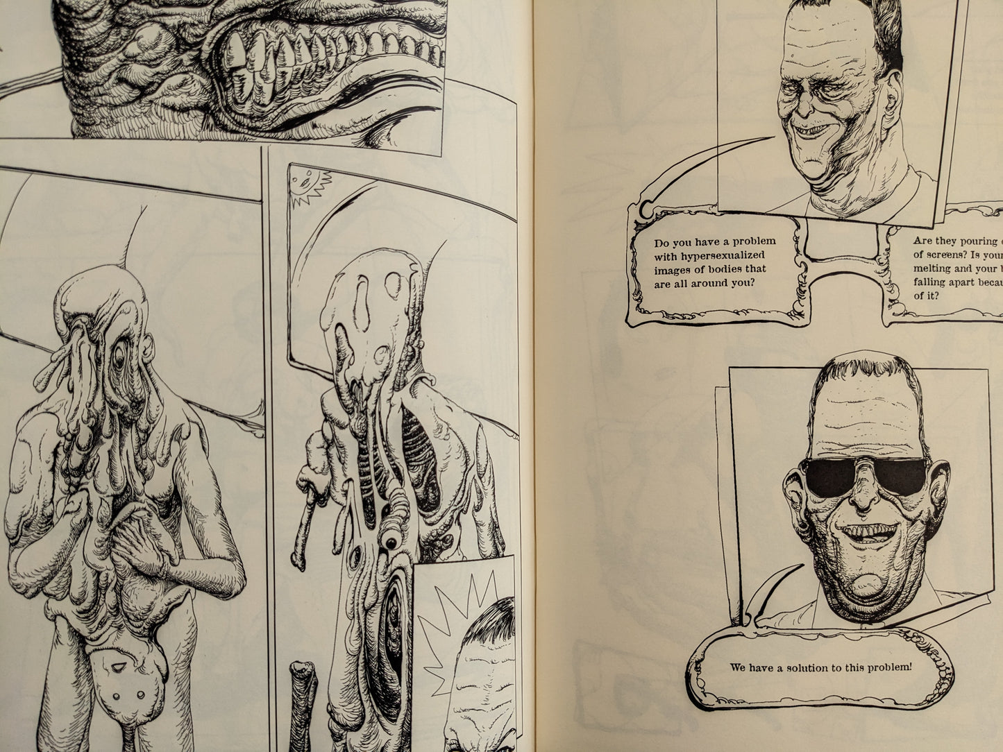 Spread from Terrotic – melting humanoid mutants, grotesque faces, and advertising panels with distorted sales pitch