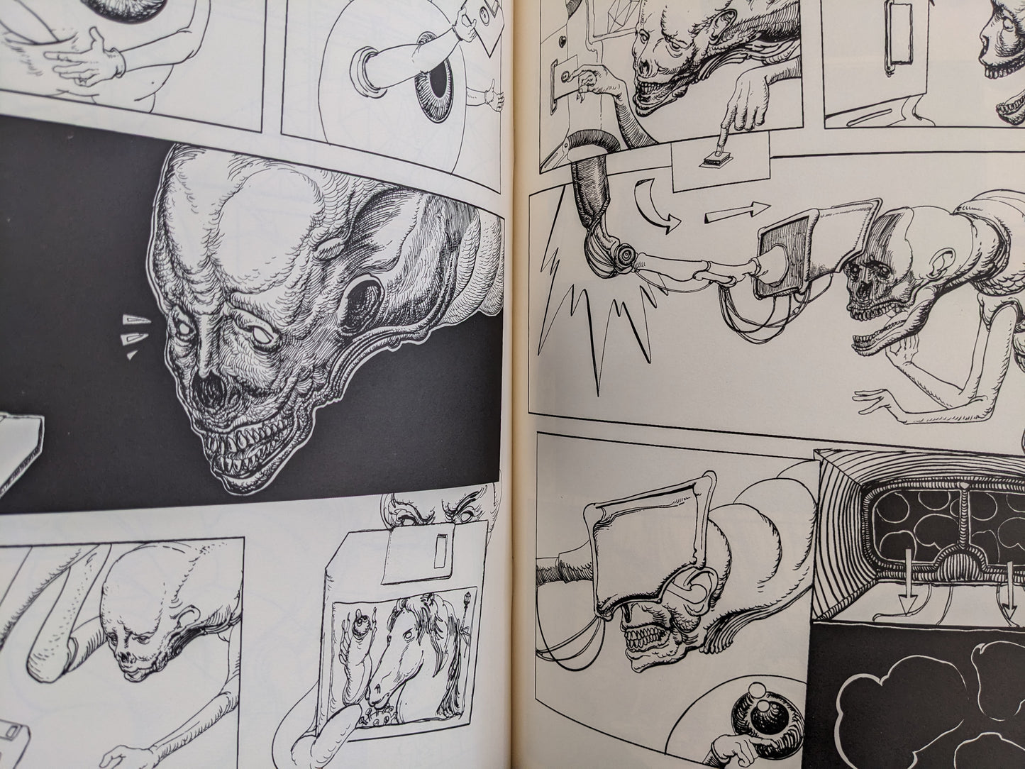 Spread from Terrotic – skeletal heads and VR machine sequences involving grotesque interaction with screens