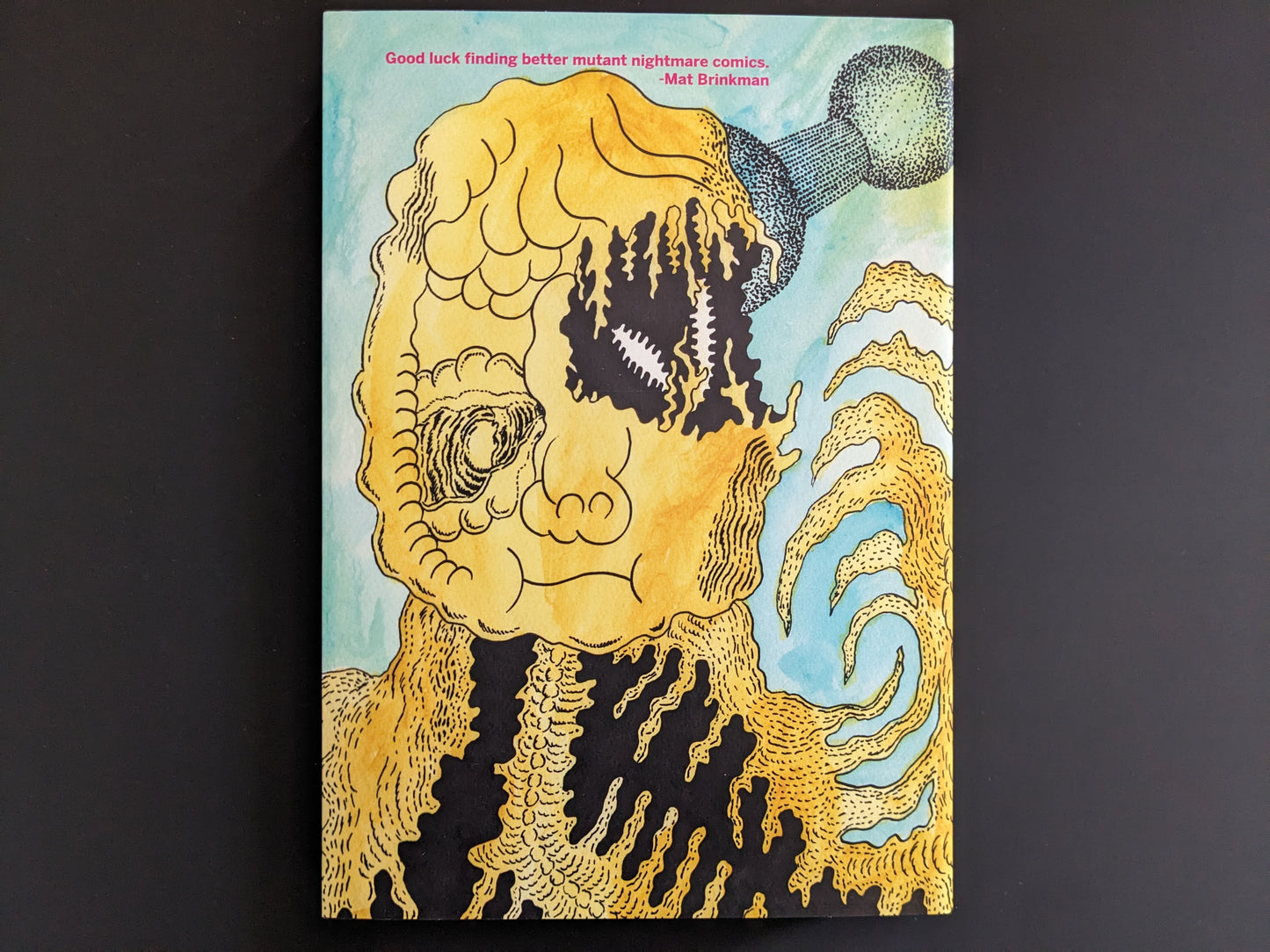 Back cover of Tetsupendium Tawarapedia with a mutated face illustration and Mat Brinkman quote: “Good luck finding better mutant nightmare comics.”