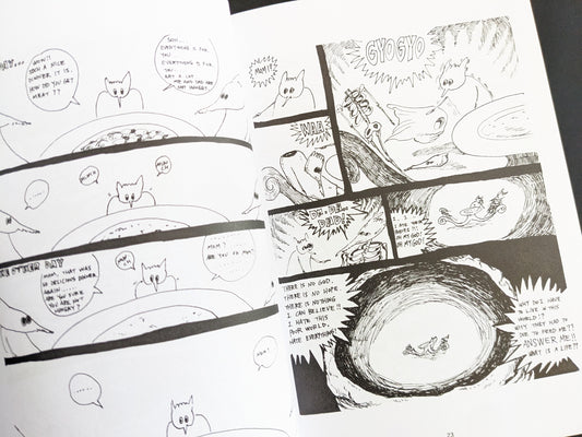 Black-and-white comic strip with talking animal-like characters, featuring a surreal dinner scene and existential dialogue.