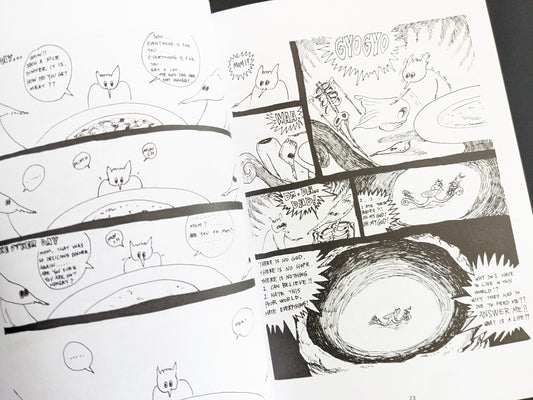 Black-and-white comic strip with talking animal-like characters, featuring a surreal dinner scene and existential dialogue.