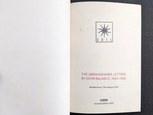 Title page spread for The Abrahadabra Letters, with the Coil logo and publication details.