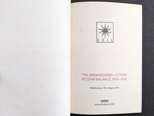 Title page of The Abrahadabra Letters by John Balance, 1984–1988, showing the COIL logo and publication details.