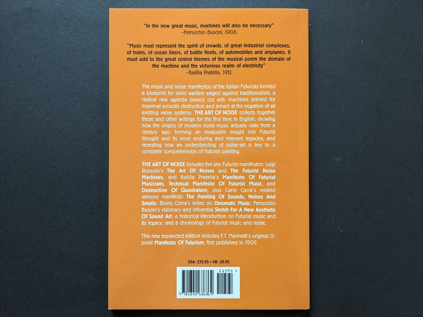 Back cover of The Art of Noise with synopsis and quotes by Busoni and Pratella.