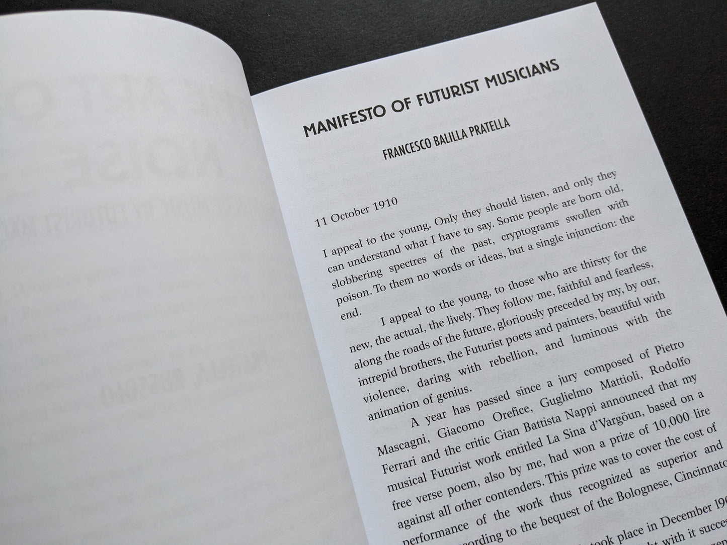 First page of Francesco Balilla Pratella’s Manifesto of Futurist Musicians, dated 1910.