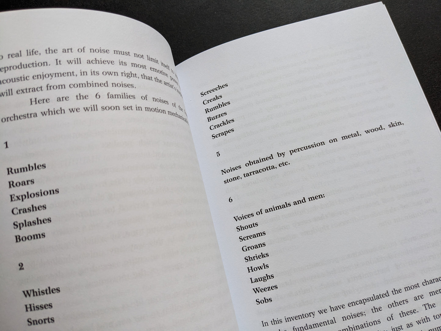 Classification of noises in The Art of Noise, listing sound families like rumbles, roars, and shouts.