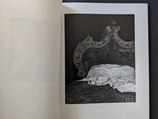 Interior spread: unmade bed, velvet folds and ornate baroque headboard in low light.