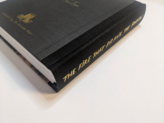 Spine of The Fire That Drank The Shadow – Deluxe Edition by Julia Soboleva, with gold title stamping on black cloth.
