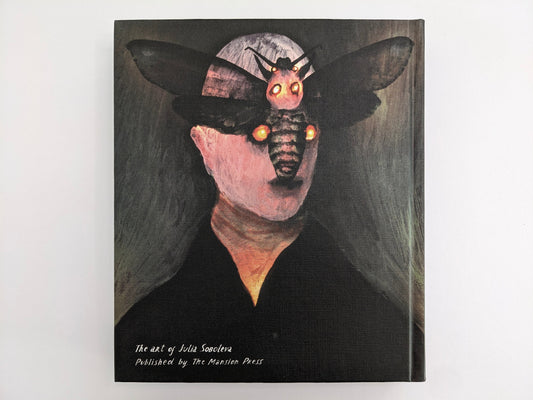 Back cover of The Fire That Drank The Shadow by Julia Soboleva, with a large moth-like figure on a black background.