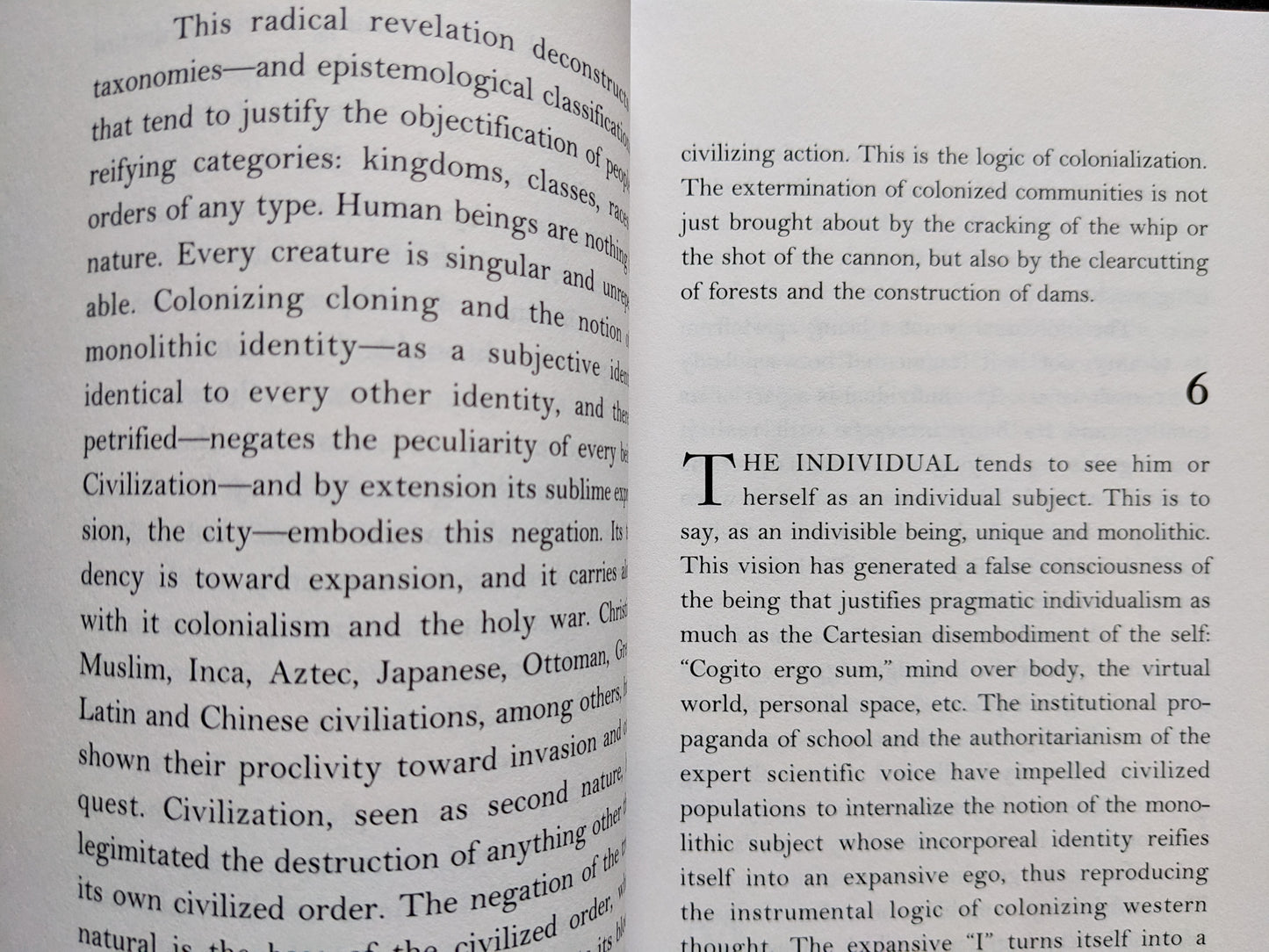 Interior page from 'The Garden of Peculiarities' discussing civilization, monolithic identity, and the logic of colonization.