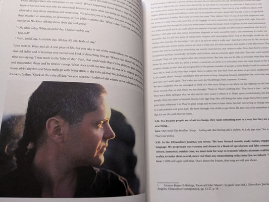 Interior page with text and photo of Genesis P-Orridge in profile