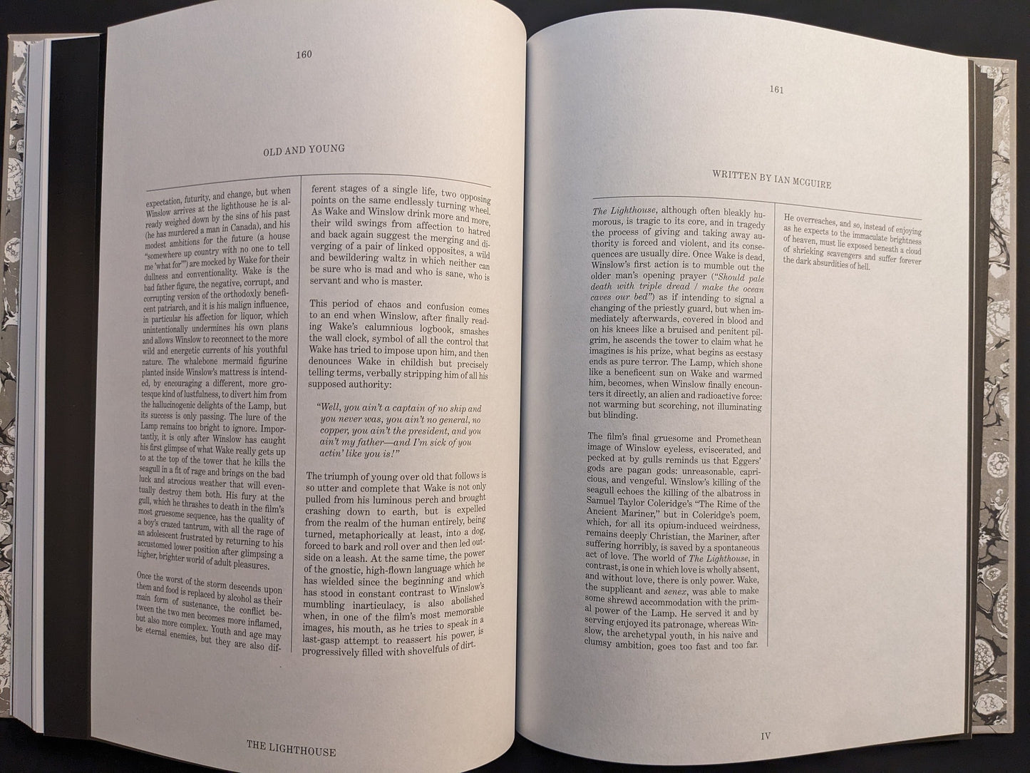 Spread from The Lighthouse Screenplay Book showing Ian McGuire’s essay “Old and Young.”