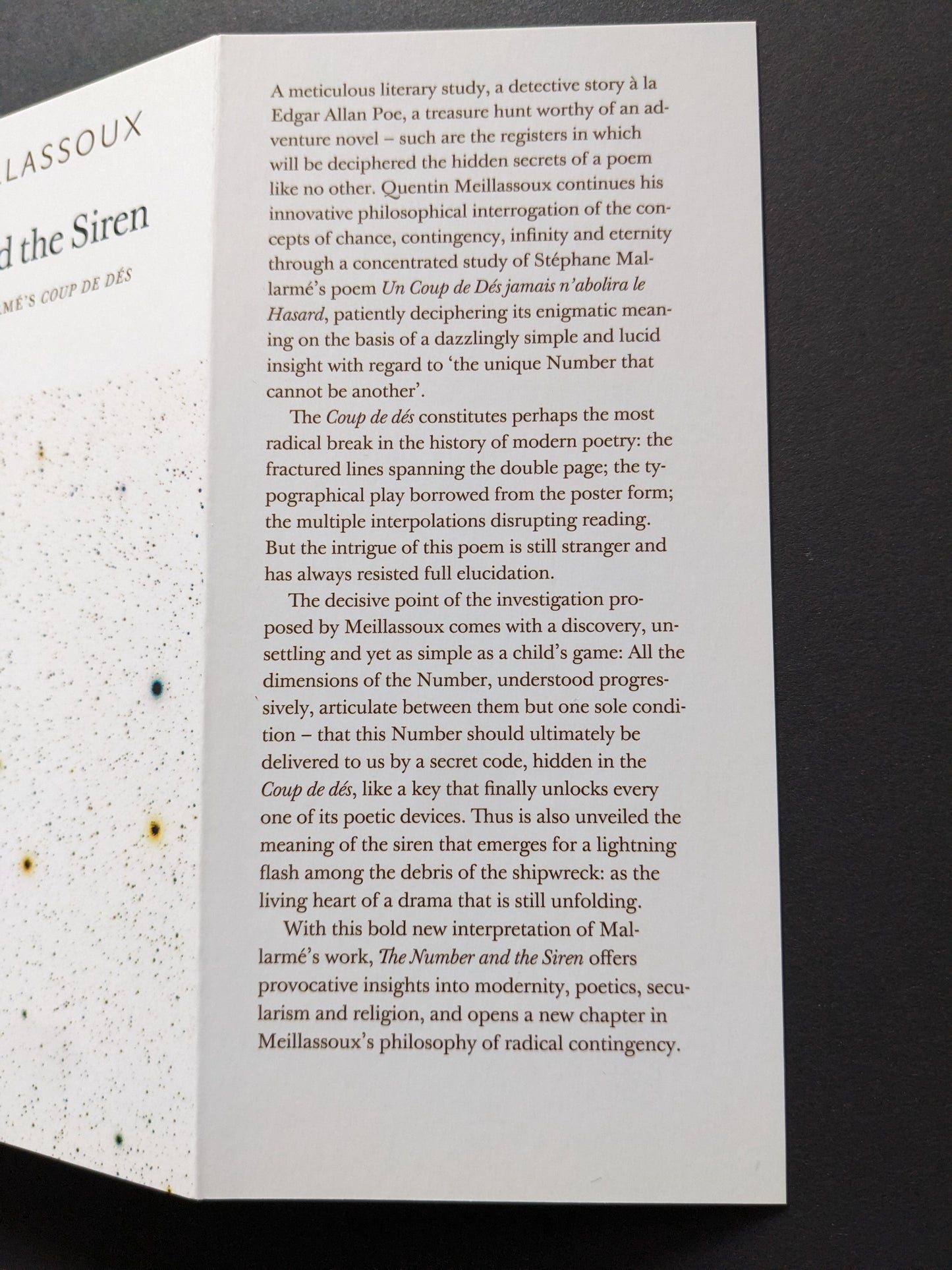Close-up of the spine and the book description of The Number and the Siren by Quentin Meillassoux, emphasizing its unique approach to Mallarmé’s poem.