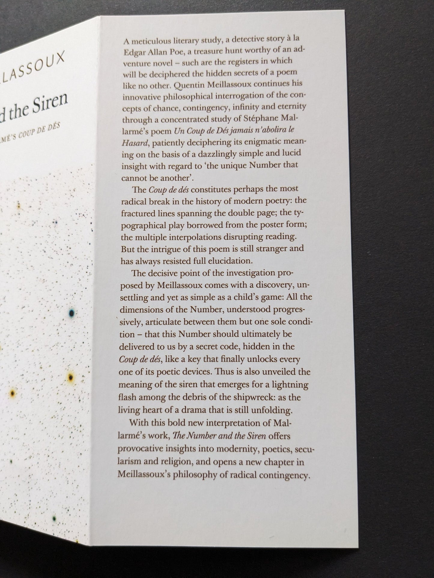 Close-up of the spine and the book description of The Number and the Siren by Quentin Meillassoux, emphasizing its unique approach to Mallarmé’s poem.