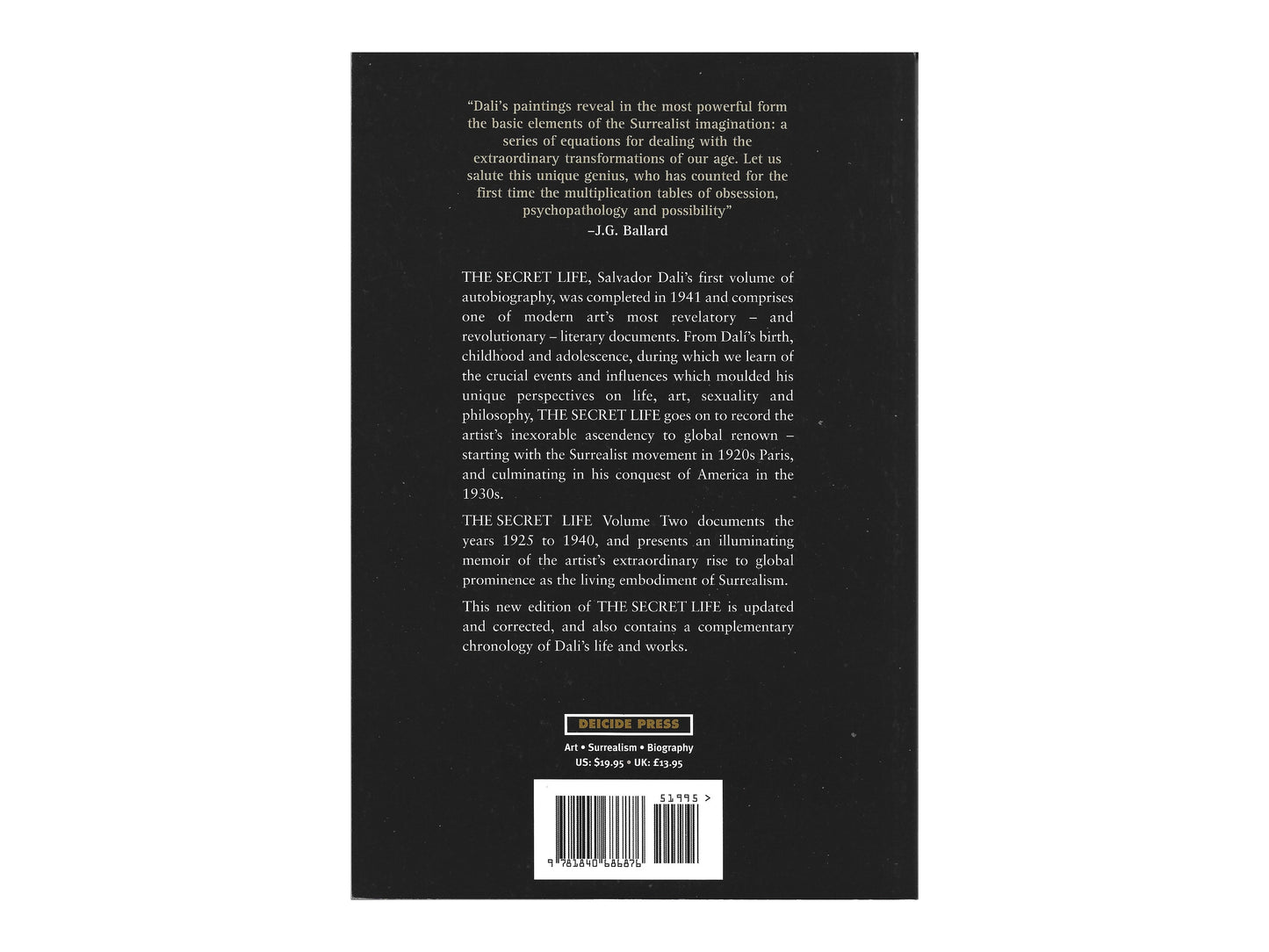 Back cover of "The Secret Life: Volume Two (1925–1940)" by Salvador Dalí, with a quote by J.G. Ballard and summary text about the artist’s rise to global prominence.