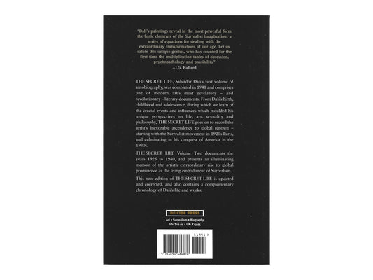 Back cover of "The Secret Life: Volume Two (1925–1940)" by Salvador Dalí, with a quote by J.G. Ballard and summary text about the artist’s rise to global prominence.