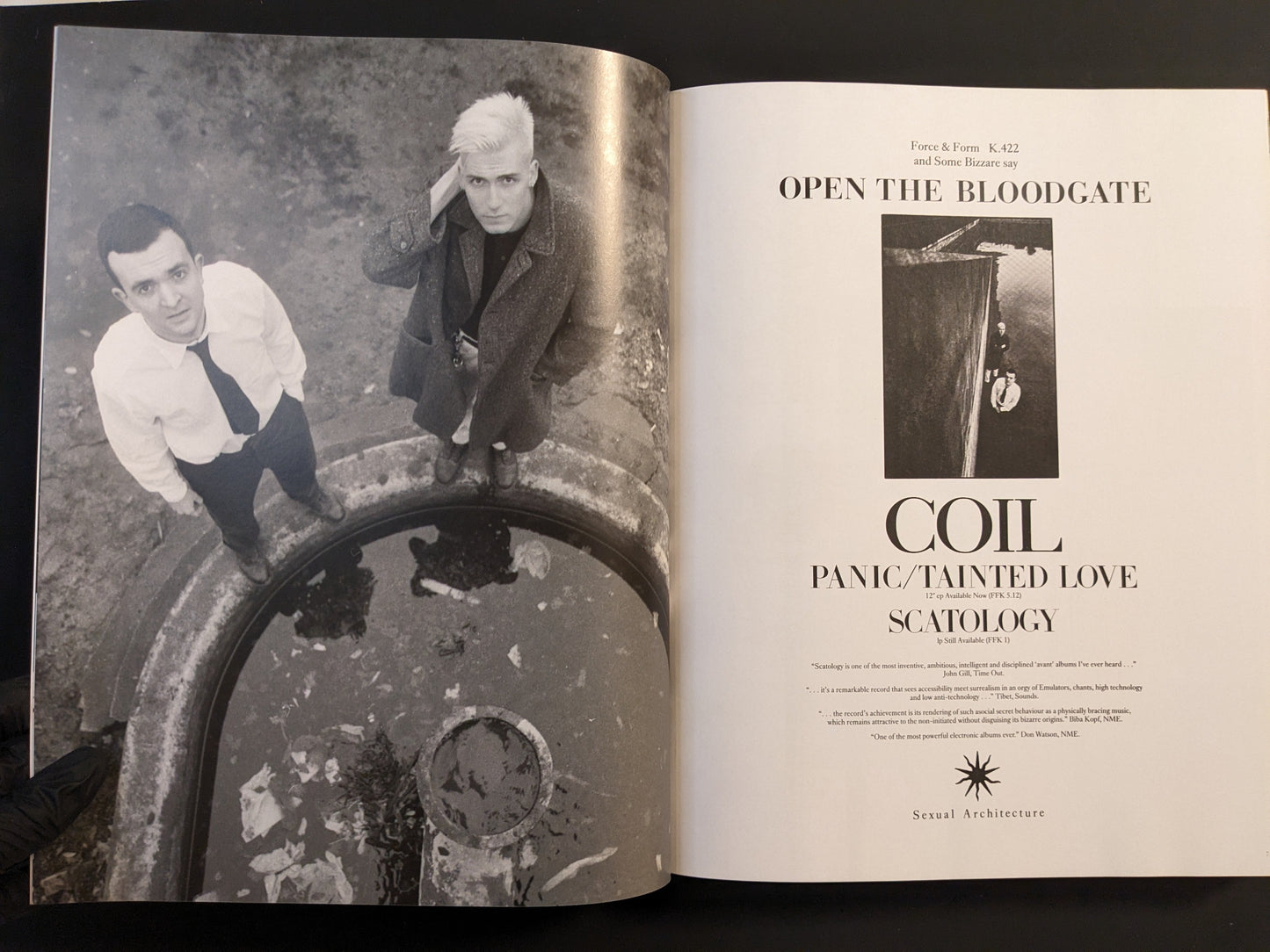 Chapter opening for Scatology, featuring a black-and-white photo of COIL band members.