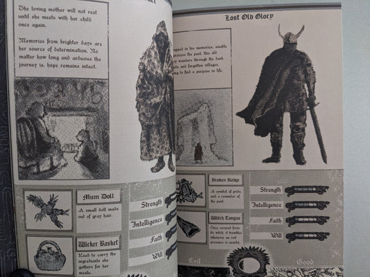Interior page showing RPG-style character stats, items such as Mum Doll and Witch Tongue, and the character Lost Old Glory
