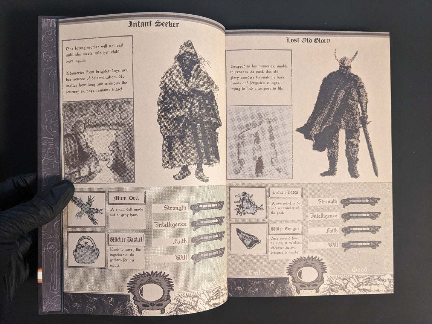 Illustrated character designs and stats page from Vermis I – Lost Dungeons and Forbidden Woods (Forsaken Edition).