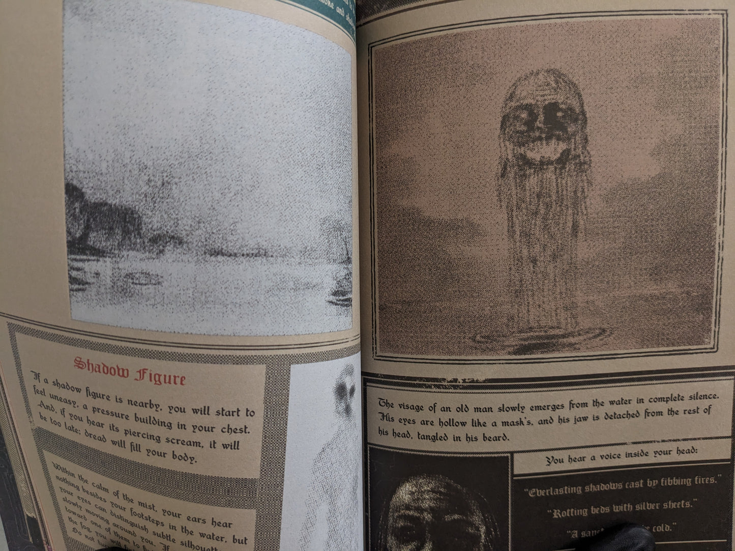 Eerie illustration of an old ghostly face emerging from water and a "Shadow Figure" lore page from "Vermis I"
