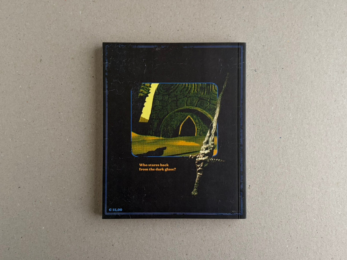 Back cover of the softcover edition, with a small framed image and the line Who stares back from the dark glass?
