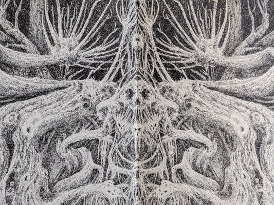 Inside illustration from 'Voodoo Forest' showing intricate, surreal tree-like skeletal forms