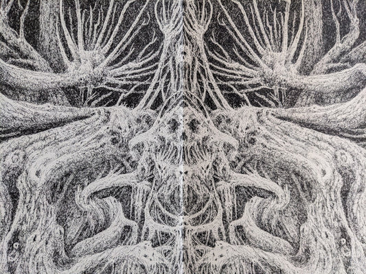 Inside illustration from 'Voodoo Forest' showing intricate, surreal tree-like skeletal forms
