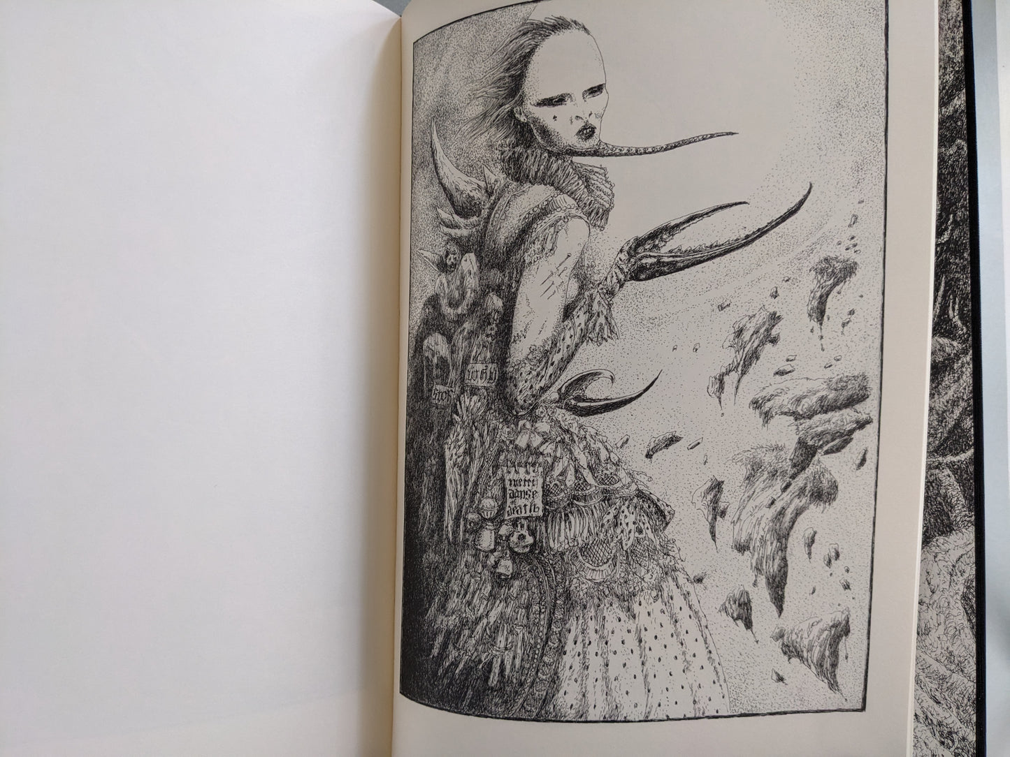 Female figure with elongated claws and ornate dress amid a floating surreal landscape from 'Voodoo Forest'
