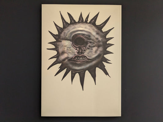 Back cover of Weird Tales of Postapoland, with a spiked sun-like face on a plain light background.