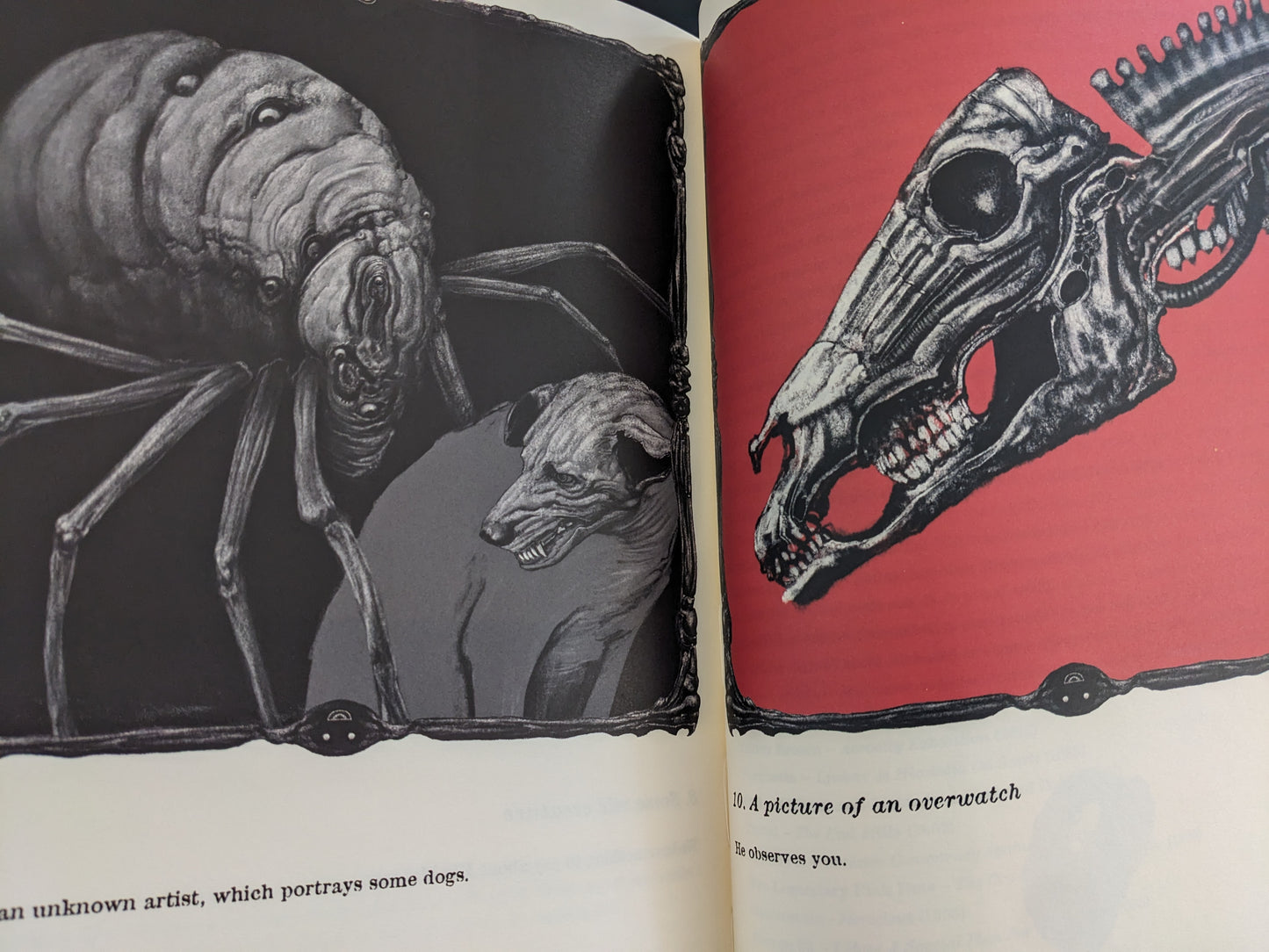 Mutant spider-dog creatures and skeletal horse skull on red background.