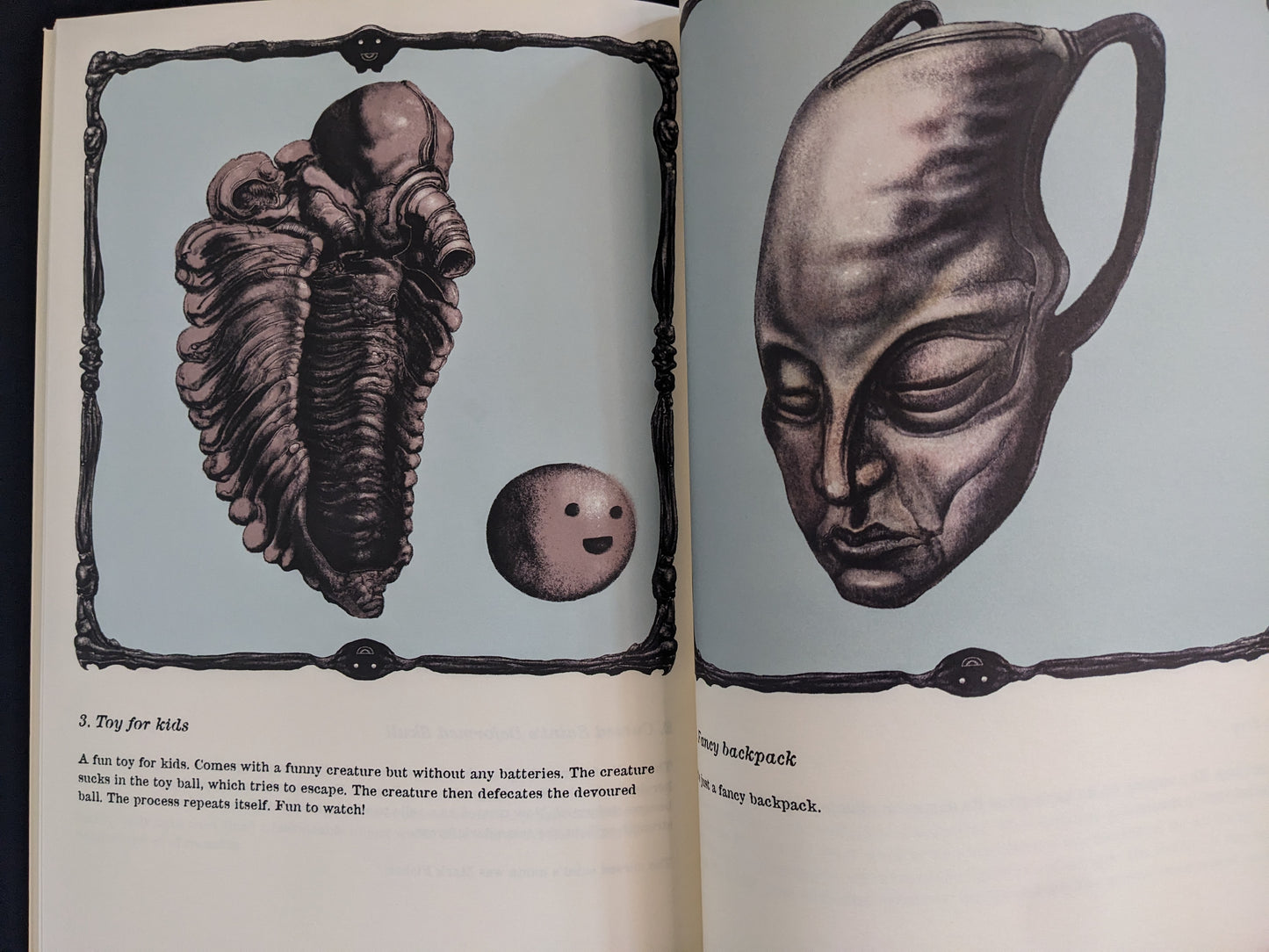 Illustrated toy catalog parody featuring a parasite-like alien creature and a humanoid head-shaped backpack from Weird Tales of Postapoland.