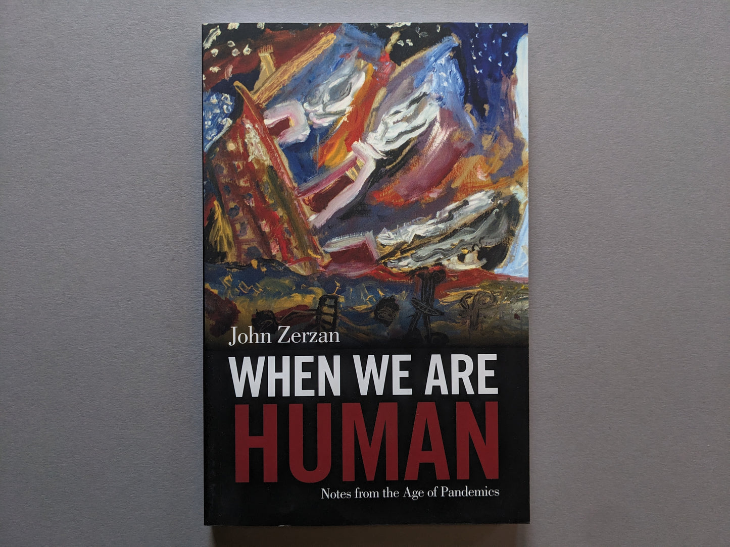 Cover of When We Are Human by John Zerzan – abstract painting with bold title typography