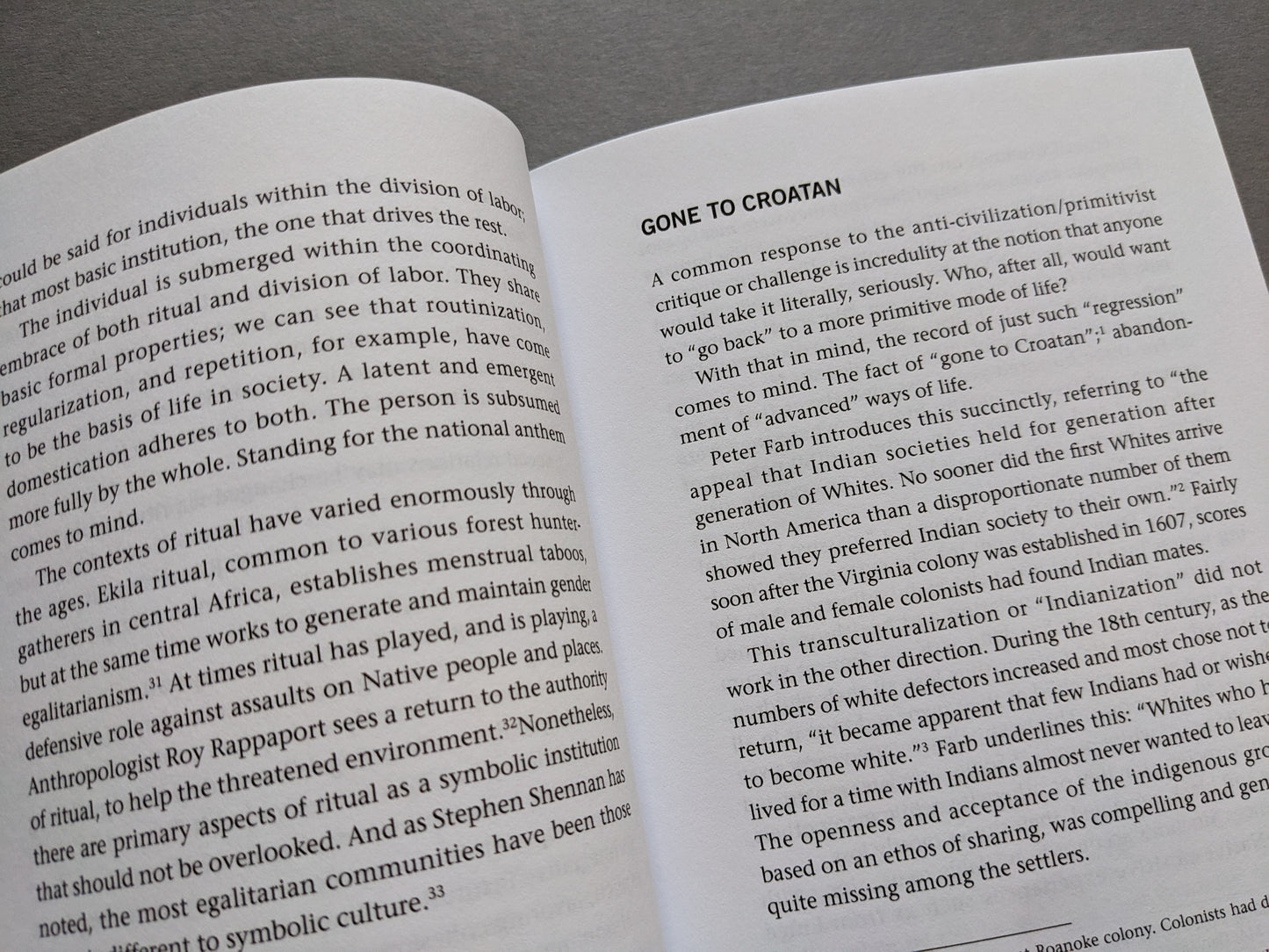 Interior page from When We Are Human by John Zerzan – chapter titled "Gone to Croatan"