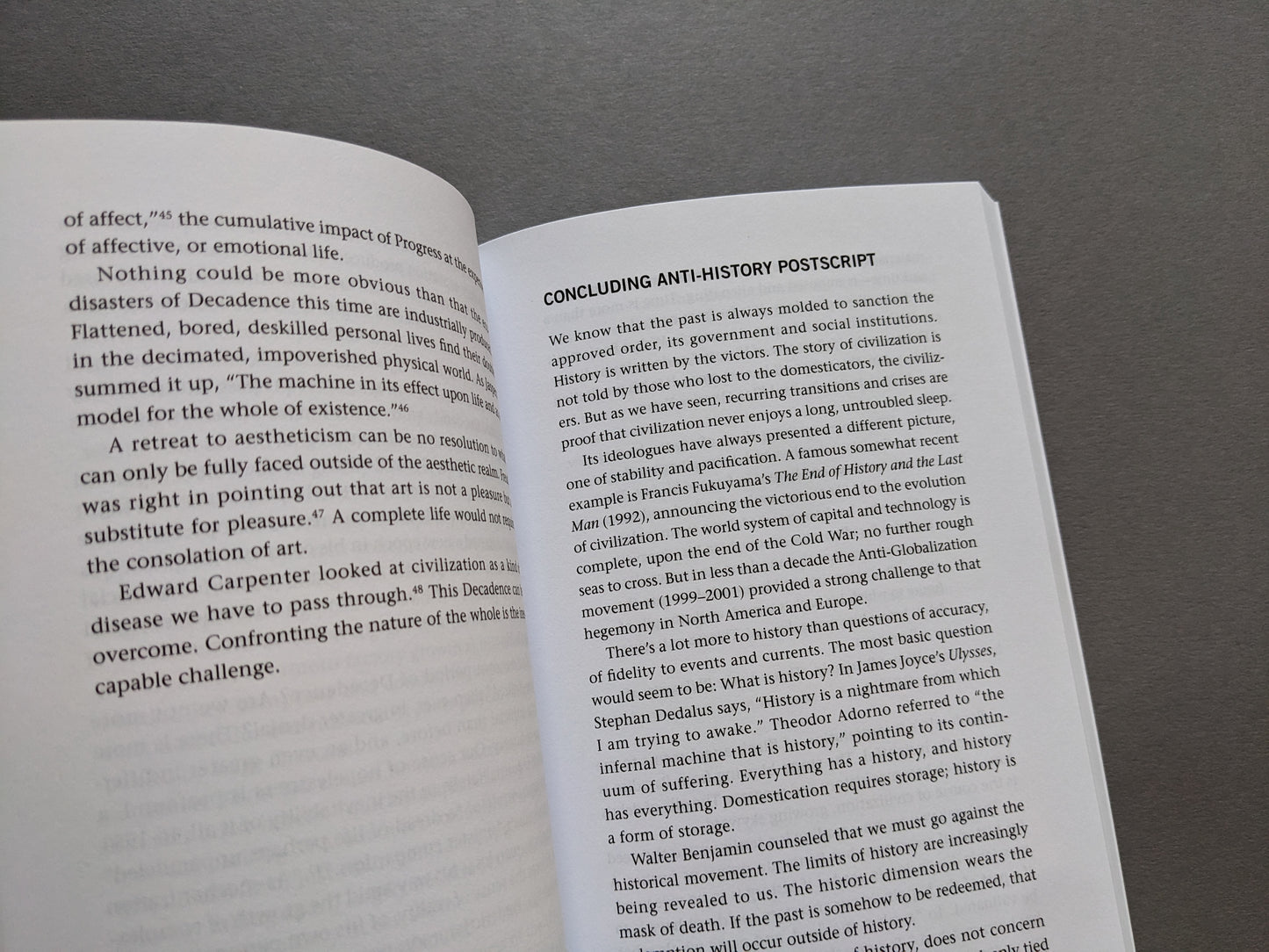 Page from When We Are Human by John Zerzan – postscript discussing anti-history and the end of civilization